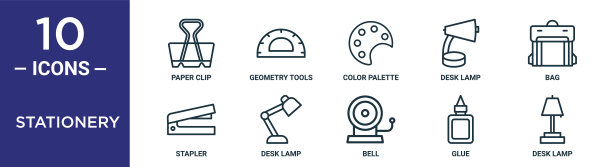 文具轮廓图标集包括细线回形针，调色板，包，台灯，胶水，台灯，订书机图标的报告，演示，图表，网页设计图片下载