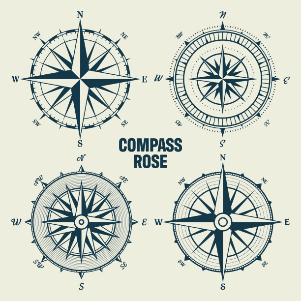 复古海上风起，海图。单色航海罗盘，基本方向为东、北、南、西。地理位置、制图和导航。矢量插图。图片下载