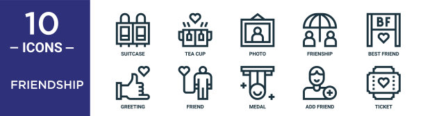 友谊轮廓图标集包括细线行李箱，照片，最好的朋友，朋友，添加朋友，票，问候图标报告，演示，图表，网页设计图片下载