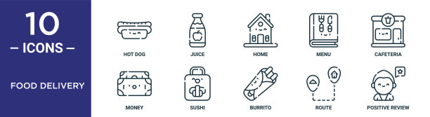 食品外卖轮廓图标集包括细线热狗，家，自助餐厅，寿司，路线，积极的评价，金钱图标报告，演示，图表，网页设计图片下载
