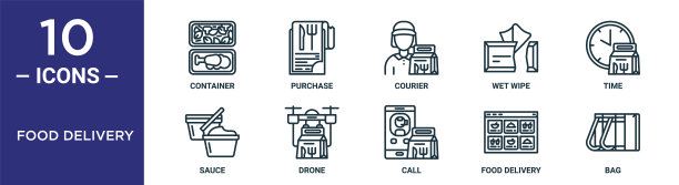 食品外卖轮廓图标集包括细线容器，快递员，时间，无人机，食品外卖，袋，酱汁图标报告，演示，图表，网页设计图片下载