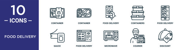 食品外卖轮廓图标集包括细线容器，食品外卖，食品外卖，快递员，折扣，酱汁图标报告，演示，图表，网页设计图片下载