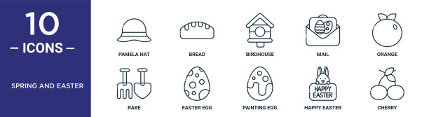 春天和复活节轮廓图标集包括细线帕梅拉帽子，鸟屋，橙色，复活节彩蛋，快乐复活节，樱桃，耙图标的报告，演示，图表，网页设计图片下载