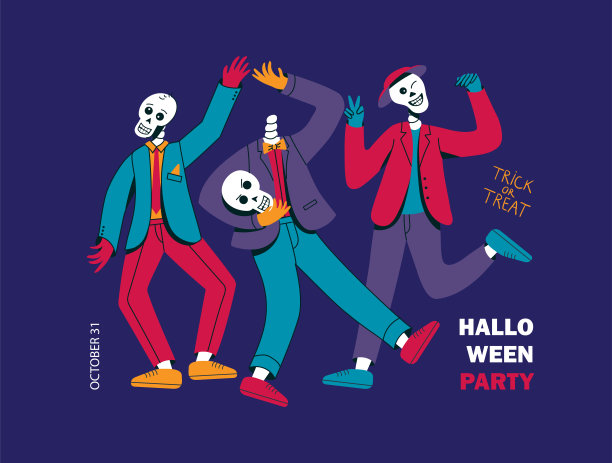 有趣的骷髅跳舞。万圣节派对概念矢量插画，用于海报、请帖、卡片、横幅图片下载