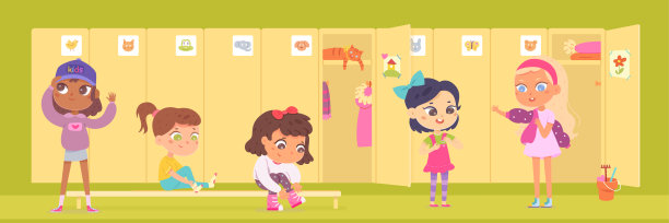 小朋友装扮在学校或幼儿园更衣室的室内矢量插画。卡通可爱的小女孩穿着衣服和鞋子在靠近衣柜敞开的门的过道里，坐在长凳背景上图片下载