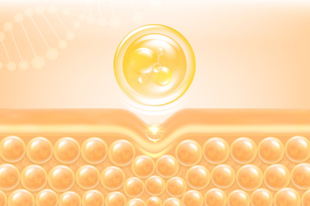 玻尿酸头发和皮肤解决方案广告，黄金胶原蛋白血清滴入皮肤细胞与化妆品广告背景准备使用，插图矢量。图片下载