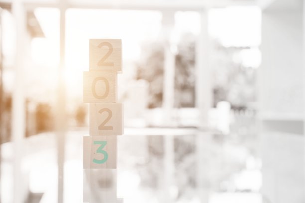 新年2023概念，数字2023在一个木制骰子与模糊的背景图片下载