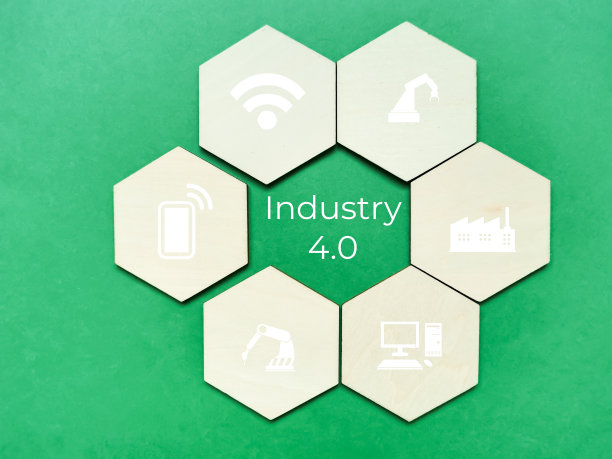 工业4.0概念与木制六边形图标。图片下载