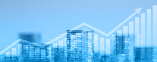 金融图表与股票市场的上升趋势线图和堆叠的硬币背景图片下载