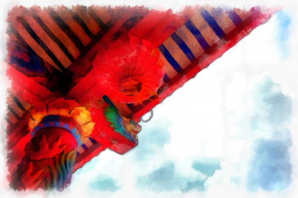 中国古代神祠山水水彩风格插图印象派绘画。图片下载