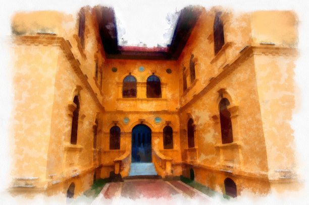 古老的黄色建筑有殖民地时期的建筑装饰，有漂亮的灰泥构件，门窗水彩风格插画，印象派绘画。图片下载