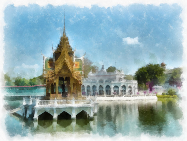 泰国邦帕宫的风景画水彩风格插画印象派画作。图片下载