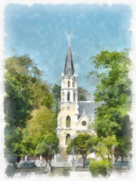 古代基督教堂景观黄色哥特式建筑水彩风格插画印象派绘画。图片下载