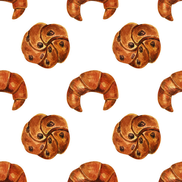 水彩无缝模式。甜的糕点。一个圆面包，一个羊角面包。面包店。图片下载