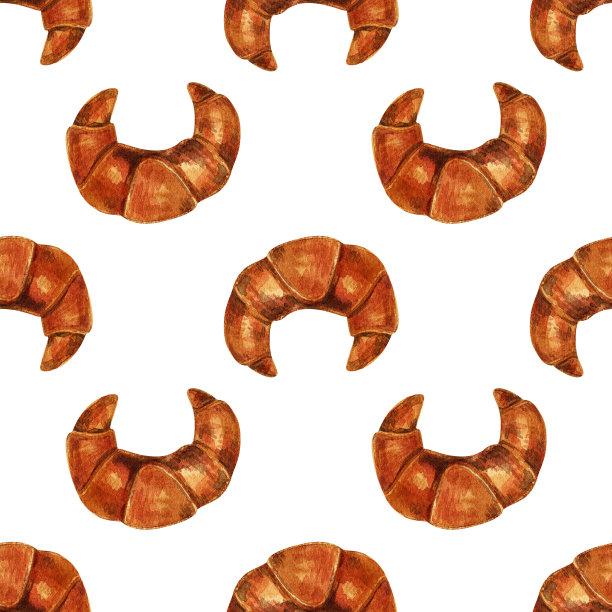 水彩无缝模式。甜的糕点。羊角面包。面包店。图片下载