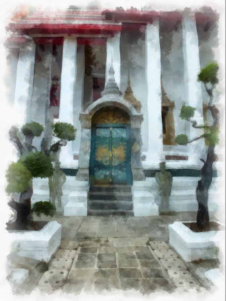 曼谷素寺的古代建筑和古代艺术景观水彩风格插画印象派绘画。图片下载