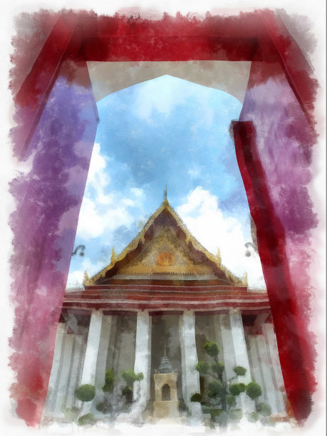 曼谷素寺的古代建筑和古代艺术景观水彩风格插画印象派绘画。图片下载