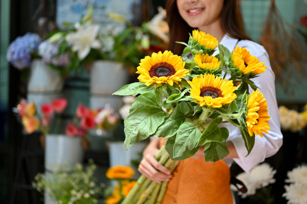 迷人的亚洲女花匠拿着美丽的向日葵花束。裁剪图像图片下载