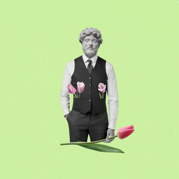 有创意的男子拼贴画，头部是一尊郁金香雕像。图片下载