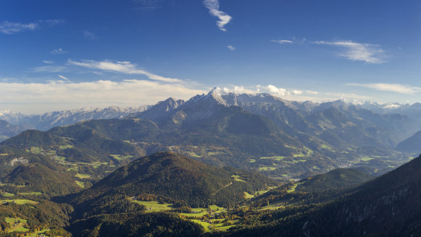 贝希特斯加登鸟瞰图，Watzmann和Hoher山Göll为背景图片下载