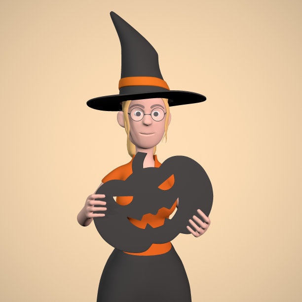一个戴着女巫帽的女孩拿着一个万圣节3d渲染的装饰南瓜图片下载
