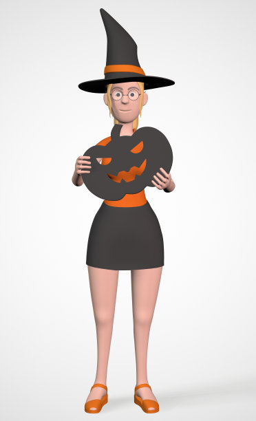 一个戴着女巫帽的女孩拿着一个万圣节3d渲染的装饰南瓜图片下载