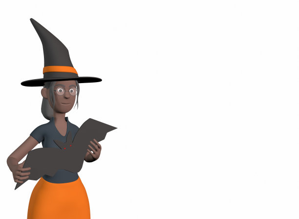 一个戴着女巫帽的黑人女孩拿着一只装饰蝙蝠的3d渲染图图片下载