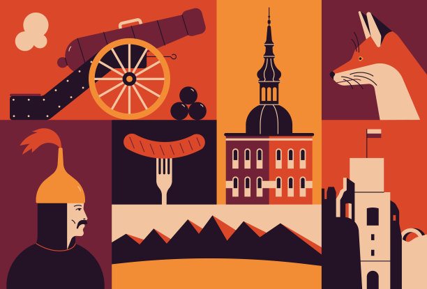 矢量插图图标集的波兰。大炮和铁球，弗罗博克大教堂，狐狸，波兰骑士，塔特拉斯山，香肠，Ogrodzieniec城堡图片下载