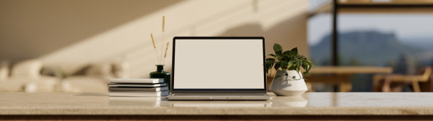 工作区与笔记本电脑模型在桌面上模糊最小的斯堪的纳维亚客厅图片下载