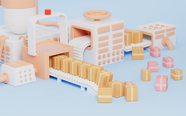 纸板箱上的传送带和橙色装配线的背景，3d渲染。图片下载