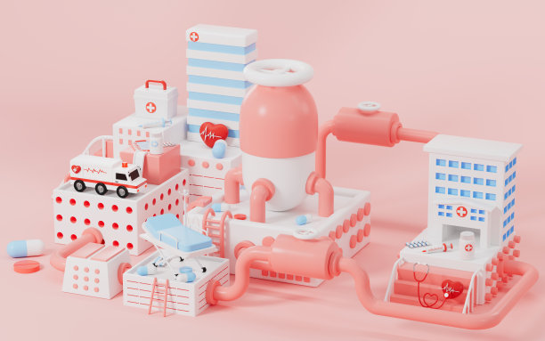 卡通医院模型及医疗器械，医疗概念主题，3d渲染。图片下载