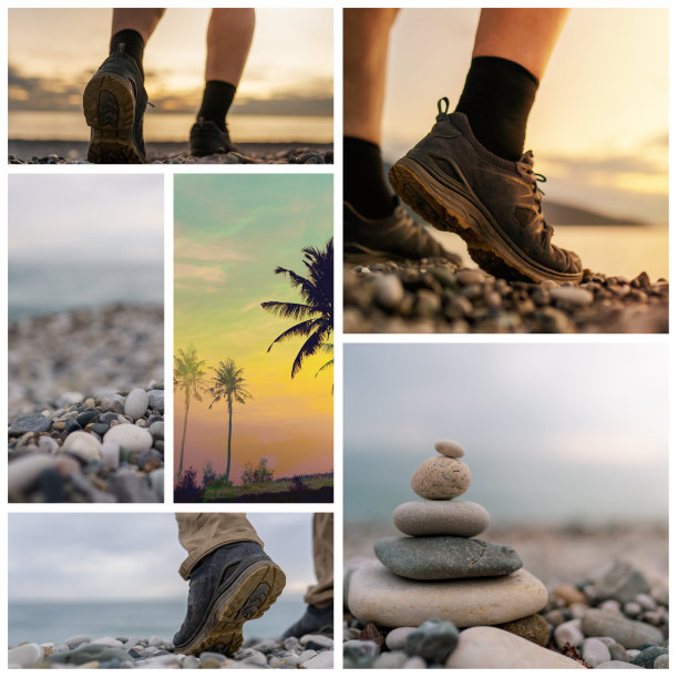 男人在海滩上徒步旅行的拼贴图片图片下载