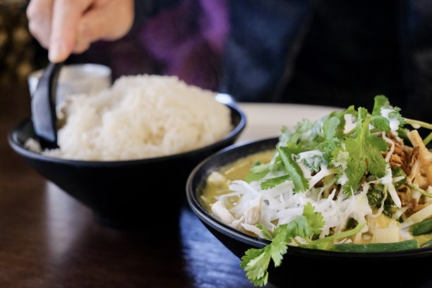 悉尼一家泰国餐厅的绿鸡肉咖喱和茉莉饭图片下载
