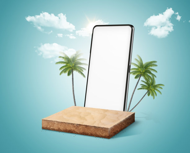 3d插图的智能手机与沙子隔离的背景。旅游和旅游app横幅设计理念。机场的在线应用程序。智能旅行的3d插图。图片下载