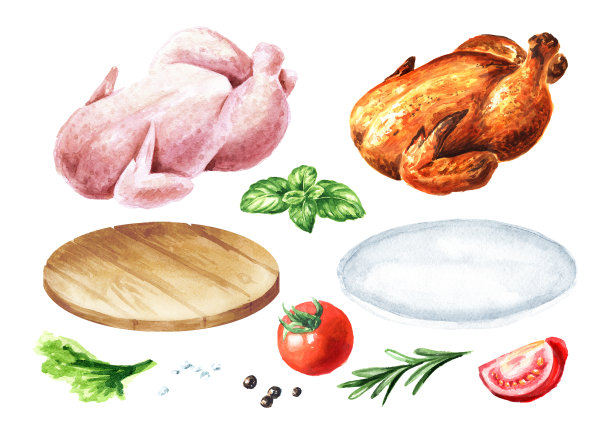 生烤肉鸡套餐。手绘水彩插图，孤立在白色背景图片下载