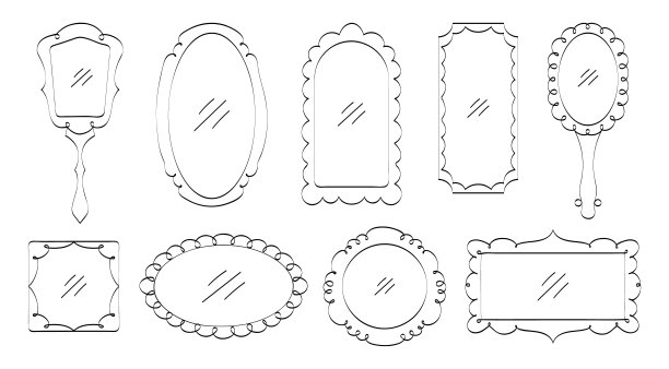 复古镜子矢量集在涂鸦风格。的图像帧。手绘镜面边框图片下载