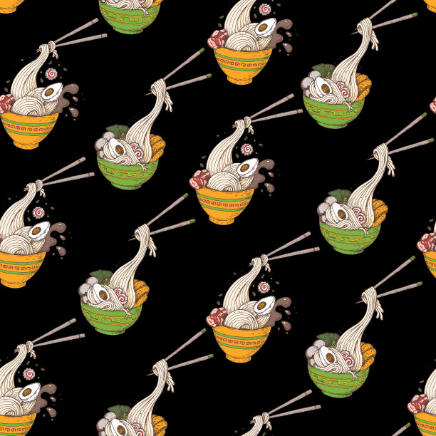 碗面和筷子。韩国拉面。无缝模式。亚洲食品。中国菜，韩国菜，日本菜。包装设计。手绘矢量图图片下载