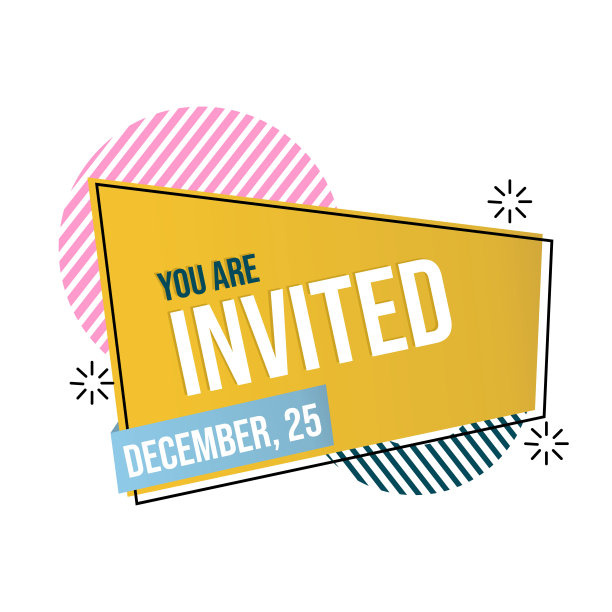 邀请横幅与保存日期文本。孟菲斯主题和黄色背景。矩形的徽章图片下载