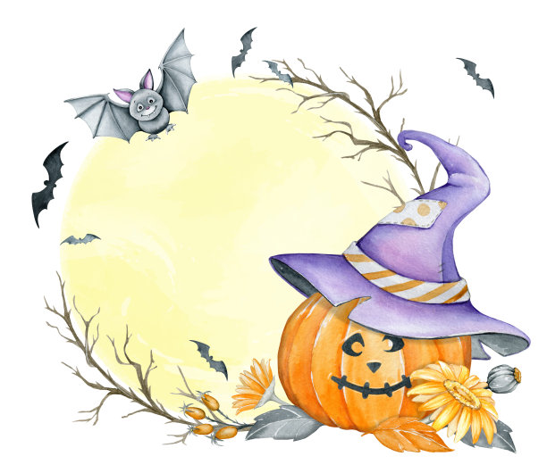 月亮，戴着帽子的南瓜，一只蝙蝠，树枝，花朵。水彩剪贴画，卡通风格，在一个孤立的背景，为万圣节假期。图片下载
