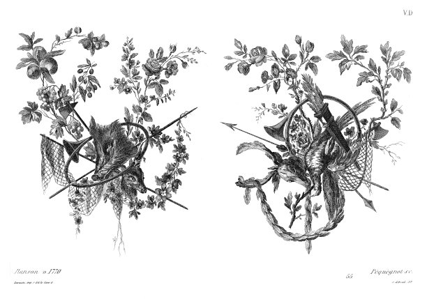 狩猎和钓鱼战利品，皮埃尔·兰森，约1770年(2个图案)，路易十五时期，Old decoration 1875年。图片下载