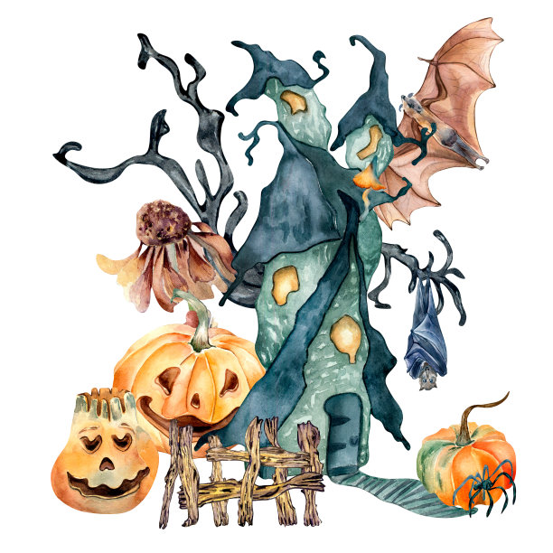 可爱的万圣节印刷鬼屋水彩插图孤立在白色。图片下载