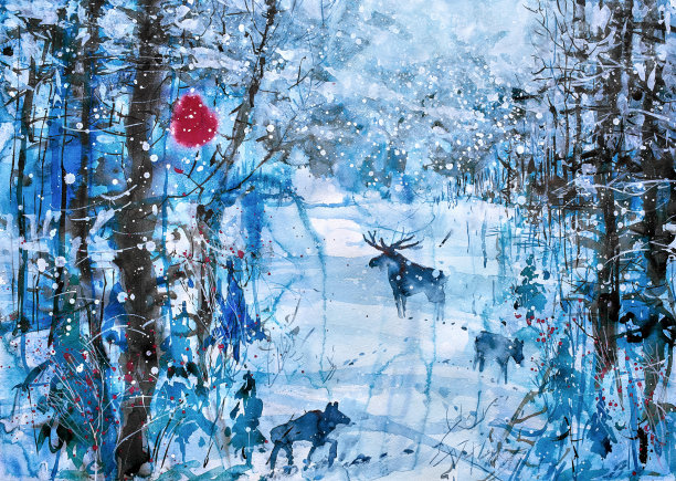 冬季暴风雪中驼鹿的剪影，背景是森林。图片下载