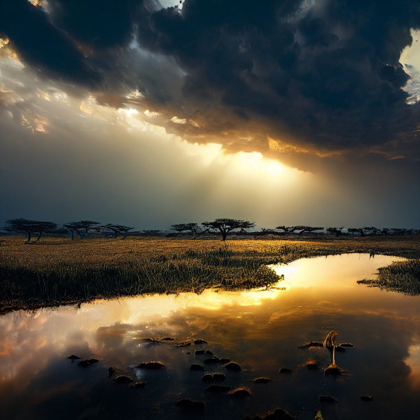 插图的景观在日落与绿色的田野，河流和多云的天空图片下载