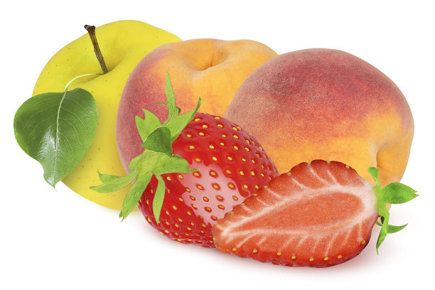 桃子，草莓，苹果在孤立的白色背景上。Multifruit图片下载