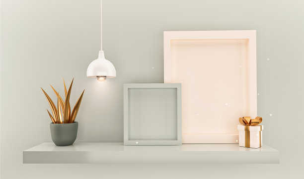 架子挂在墙上的框架，顶灯，礼品盒的模型，模板。空书架上的蓝色粉彩背景或纹理的书店。3 d渲染。图片下载