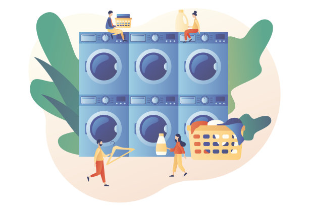 洗衣服务。小人在洗衣机里洗衣服。洗衣店，家电，家政概念。现代平面卡通风格。白色背景上的矢量插图图片下载