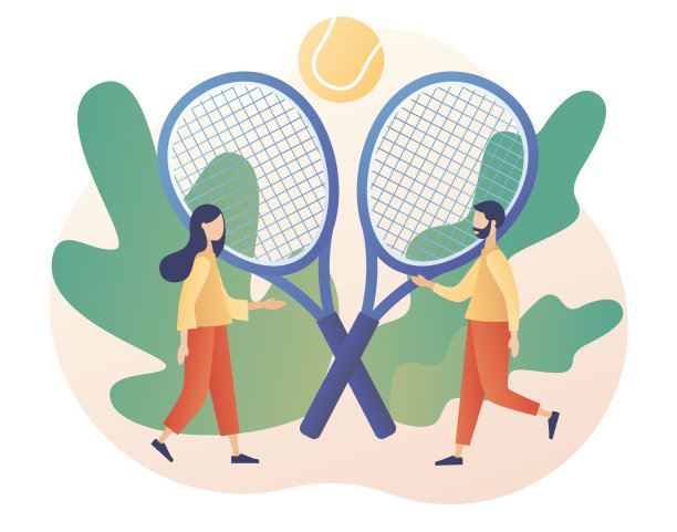 体育俱乐部，团体活动，培训。拿着网球拍和网球的小人。冠军和世界杯。现代平面卡通风格。白色背景上的矢量插图图片下载