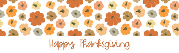 感恩节快乐字体标志。水平横幅设计与彩色各种简单手绘南瓜俯视图无缝模式。感恩节贺卡图片下载
