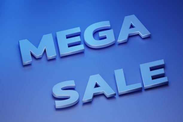 蓝色背景上的“Mega sale”字样，3d渲染图片下载