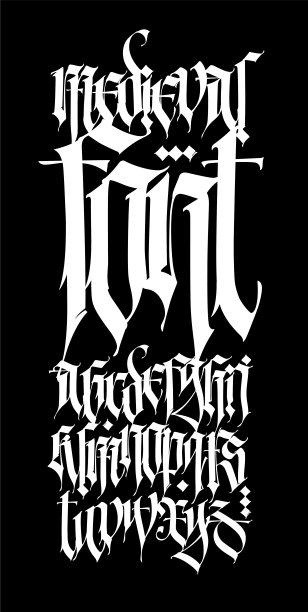 哥特。向量。黑色背景上的大写字母和小写字母。优美时尚的书法。漂亮的欧洲字体纹身。中世纪的现代风格。图片下载